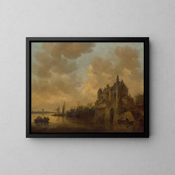 van een rivierlandschap met een landhuis, boten en andere vaartuigen - Jan van Goyen — ingelijst kunstwerk aan de muur