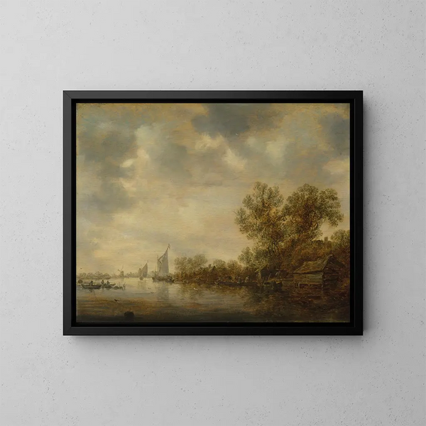van een rivierlandschap met zeilboten, vissersschepen en een veerboot met boeren en vee - Jan van Goyen — ingelijst kunstwerk aan de muur