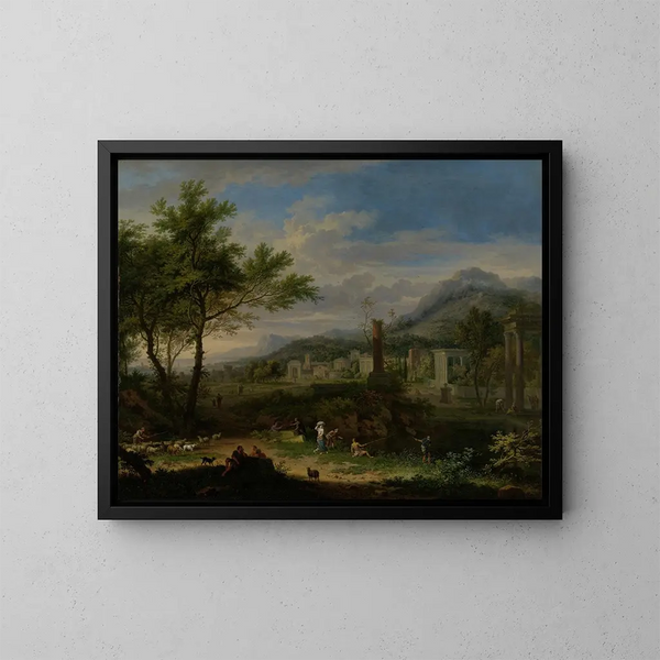 Landschap met arcadische scène met vissers - Jan van Huysum — ingelijst kunstwerk aan de muur