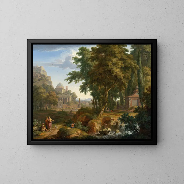 Landschapschilderij met arcadische scène met de heiligen Petrus en Johannes die de verlamde genezen - Jan van Huysum — ingelijst kunstwerk aan de muur