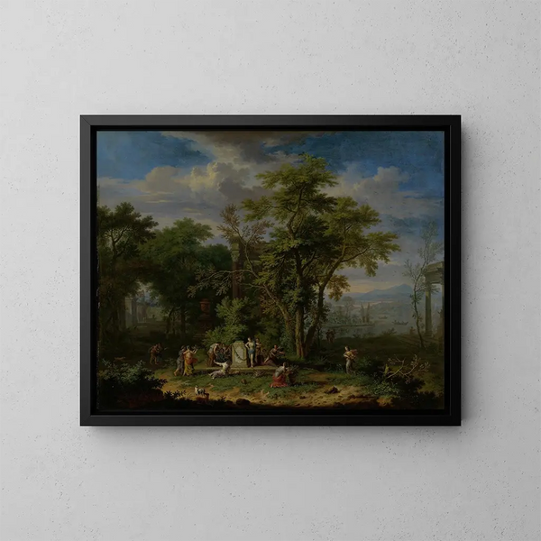 Landschap met een arcadisch landschap met een ceremoniële offer - Jan van Huysum — ingelijst kunstwerk aan de muur