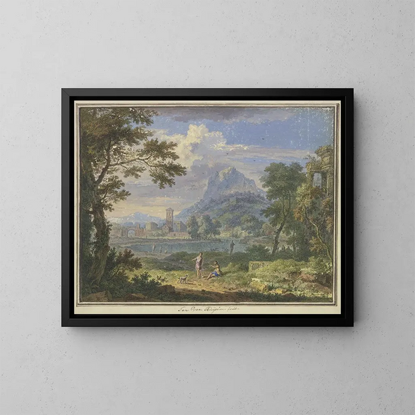 Landschapskunstdruk met een Italiaanse stad nabij een hoge berg, rechts de ruïne van een tempel, op de voorgrond twee figuren en een hond - Jan van Huysum — ingelijst kunstwerk aan de muur