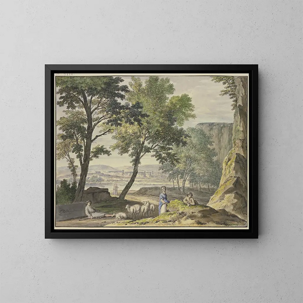 Elegant landschapsschilderij met herders en een stad op de achtergrond - Jan van Huysum — ingelijst kunstwerk aan de muur
