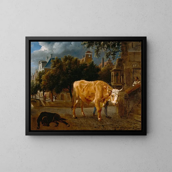 van een stier in een stadsstraat - Jan van der Heyden — ingelijst kunstwerk aan de muur