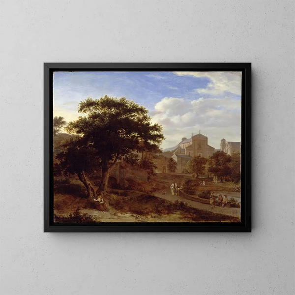 van twee kerken en een stadsmuur - Jan van der Heyden — ingelijst kunstwerk aan de muur
