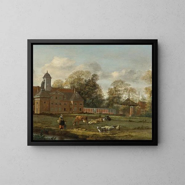 van Goudestein met een vrouw en een kind dat naast een dijk loopt - Jan van der Heyden — ingelijst kunstwerk aan de muur