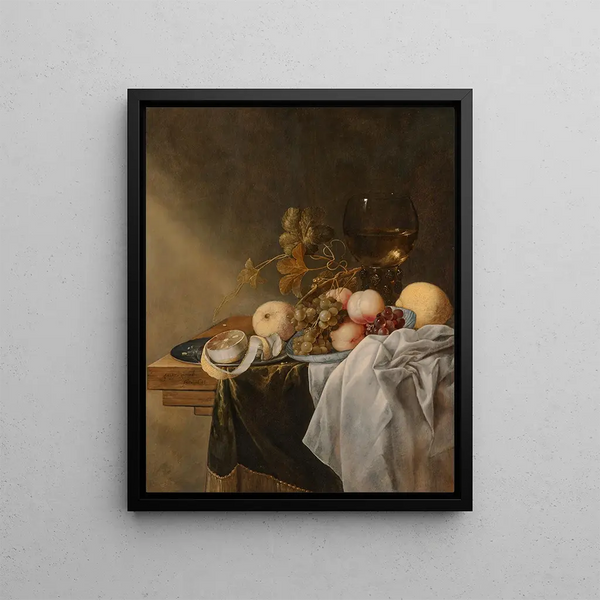 Jasper Geeraerts - A bowl of peaches and grapes with a roemer and a peeled lemon.webp