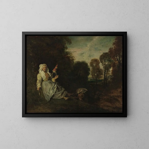 Landschap van de avond met een wever - Jean-Antoine Watteau — ingelijst kunstwerk aan de muur