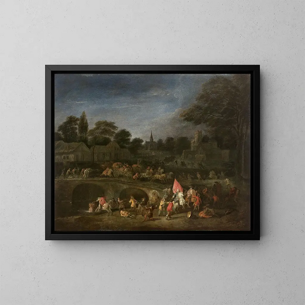De wraak van de boeren - Jean-Antoine Watteau — ingelijst kunstwerk aan de muur