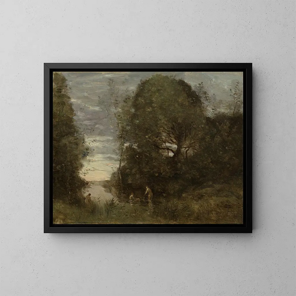 van badende vrouwen in een bosrijke baai - Jean-Baptiste-Camille Corot — ingelijst kunstwerk aan de muur