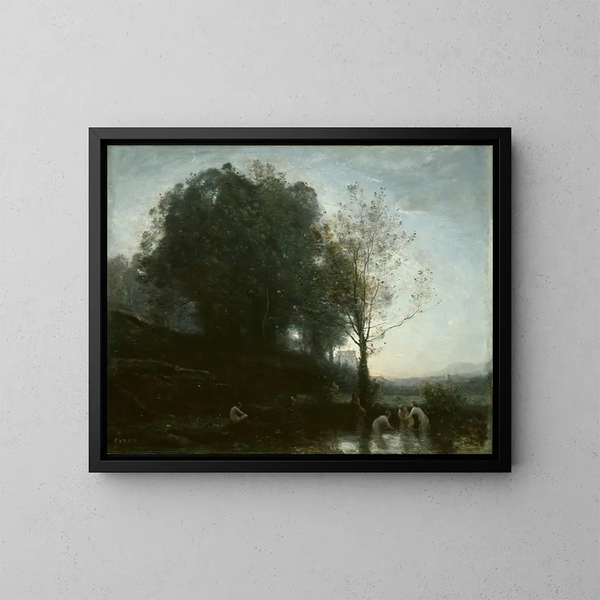 Nymphe en kind in bad - Jean-Baptiste-Camille Corot — ingelijst kunstwerk aan de muur