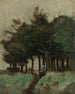 Holle weg en figuur in het blauw onder hoge bomen — Corot
