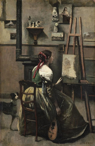 JeanBaptisteCamille Corot - Corots Studio Woman Seated Before an Easela Mandolin in her Hand.webp