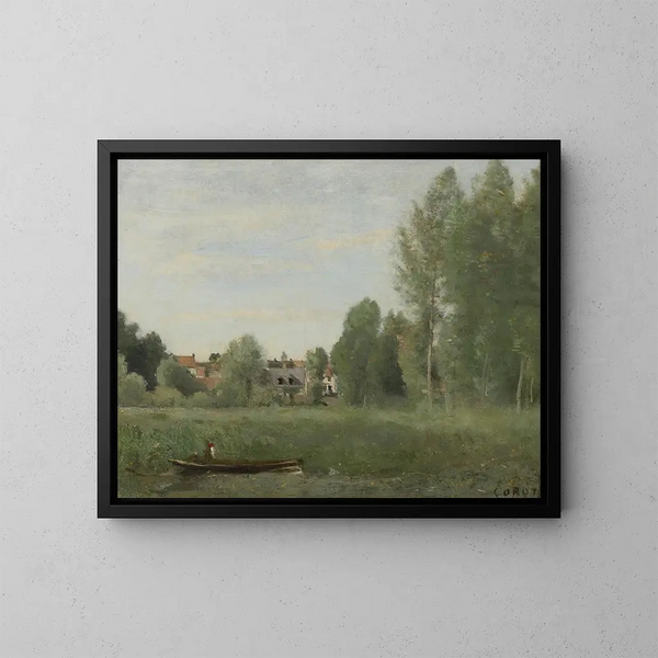 Omgeving van Mantes, kleine huisjes verborgen in de bomen nabij de waterkant - Jean-Baptiste-Camille Corot — ingelijst kunstwerk aan de muur