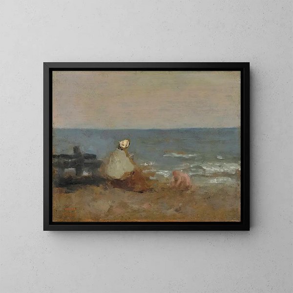 Vrouw en kind aan de rand van de zee in Étretat - Jean-Baptiste-Camille Corot — ingelijst kunstwerk aan de muur