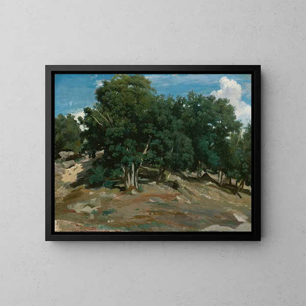 van Fontainebleau-eikenbomen in BasBrau - Jean-Baptiste-Camille Corot — ingelijst kunstwerk aan de muur