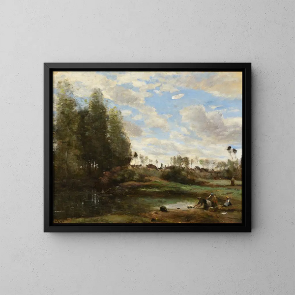 Laveuses aan de waterkant - Jean-Baptiste-Camille Corot — ingelijst kunstwerk aan de muur