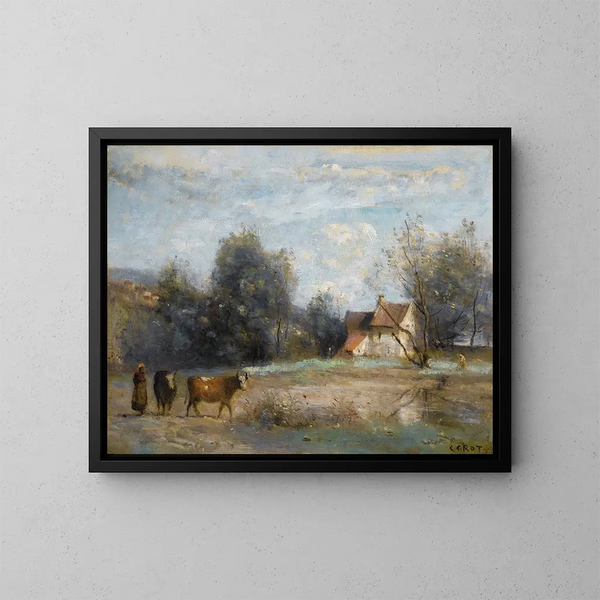 Luzancy, kleine boerenhuizen aan de waterkant - Jean-Baptiste-Camille Corot — ingelijst kunstwerk aan de muur
