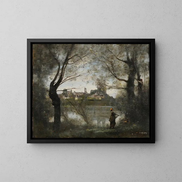 Mantes bij schemering - Jean-Baptiste-Camille Corot — ingelijst kunstwerk aan de muur