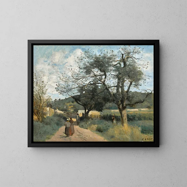 Marcoussis, route door de velden - Jean-Baptiste-Camille Corot — ingelijst kunstwerk aan de muur