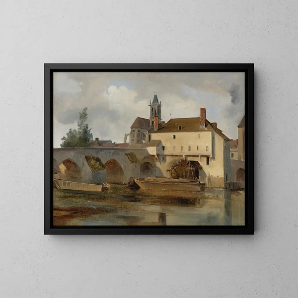 Moret-sur-Loing, de brug en de kerk - Jean-Baptiste-Camille Corot — ingelijst kunstwerk aan de muur