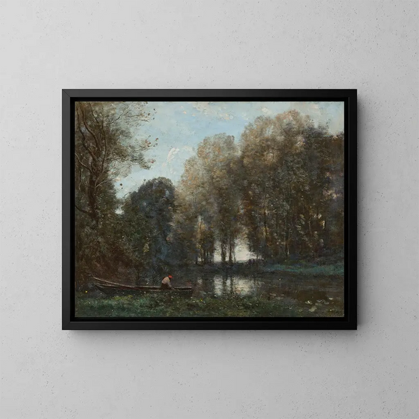 Vissersschilderij aangemeerd aan de groene oever - Jean-Baptiste-Camille Corot — ingelijst kunstwerk aan de muur