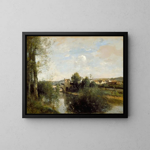 Seine en oude brug in Limay - Jean-Baptiste-Camille Corot — ingelijst kunstwerk aan de muur