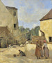 van drie boerenvrouwen die praten in een rustieke binnenplaats - Jean-Baptiste-Camille Corot — weergave van het kunstwerk