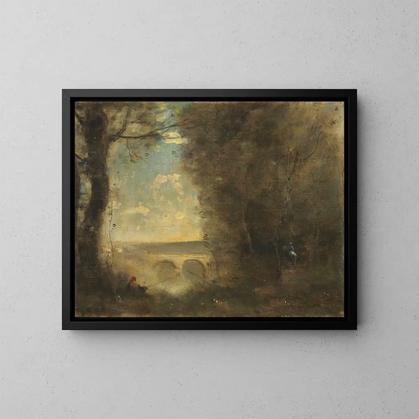 van een visser met een hengel, souvenir van de Mantes-brug - Jean-Baptiste-Camille Corot — ingelijst kunstwerk aan de muur