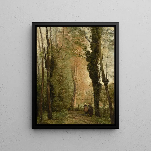 van een pad onder de bomen in de lente - Jean-Baptiste-Camille Corot — ingelijst kunstwerk aan de muur