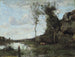 van een boerendochter en haar koe, de vijver met uitzicht op een dorp - Jean-Baptiste-Camille Corot — weergave van het kunstwerk