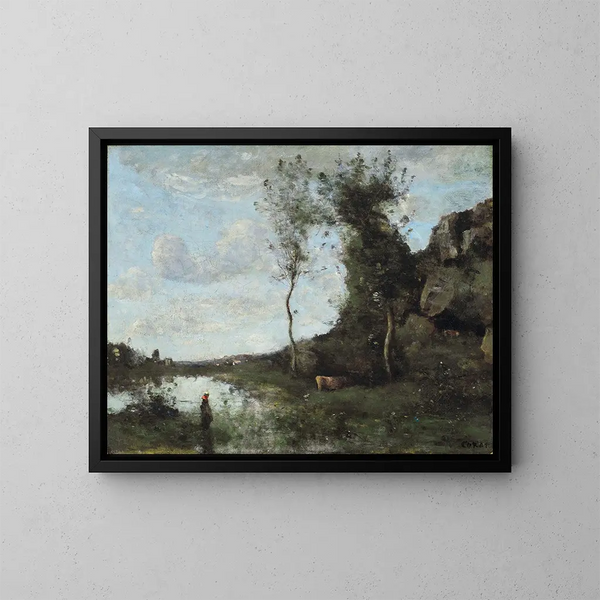 van een boerendochter en haar koe, de vijver met uitzicht op een dorp - Jean-Baptiste-Camille Corot — ingelijst kunstwerk aan de muur