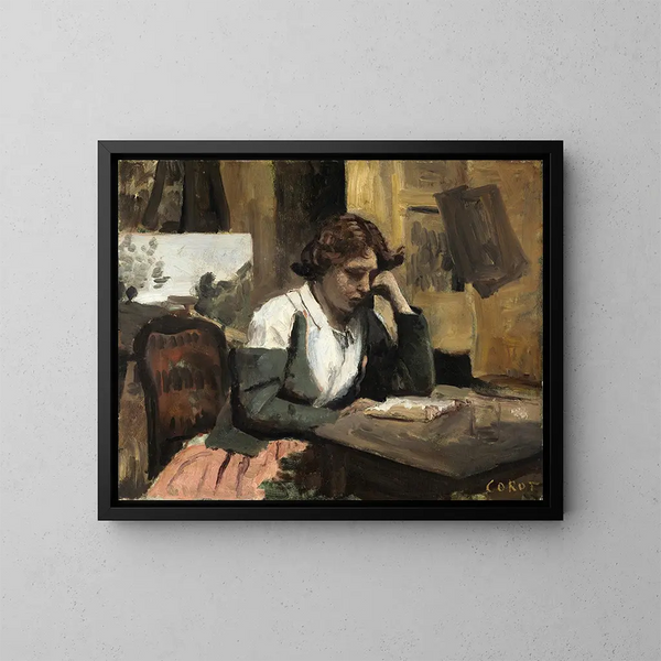 Vrouw lezend in het atelier - Jean-Baptiste-Camille Corot — ingelijst kunstwerk aan de muur