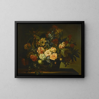 JeanBaptiste Monnoyer - Dahlias Tulips Honeysuckle and other flowers in a basket on a table.webp