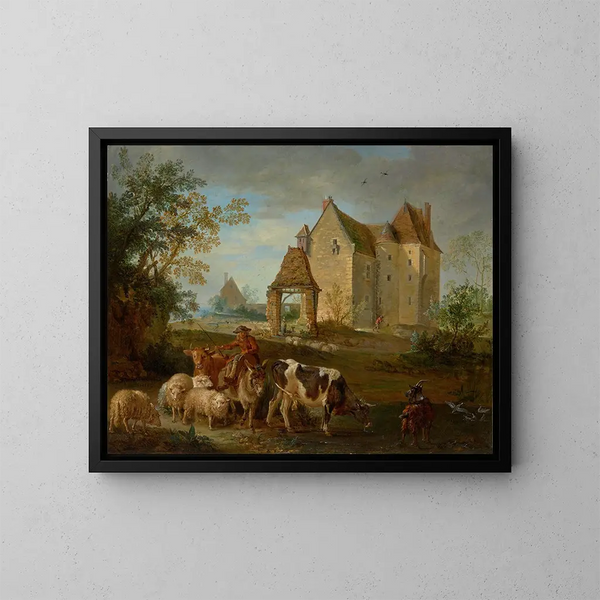 Een landschap met een herder die dieren naar de weide leidt, een kasteel op de achtergrond - Jean-Baptiste Oudry — ingelijst kunstwerk aan de muur