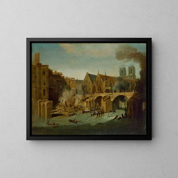 Het kleine brug na de brand van 1718 - Jean-Baptiste Oudry — ingelijst kunstwerk aan de muur