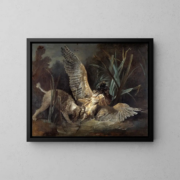 van een Epagneul die een roerdomp vangt - Jean-Baptiste Oudry — ingelijst kunstwerk aan de muur