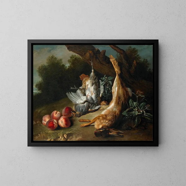 Natuurstudie met gedode wild en perziken in een landschap - Jean-Baptiste Oudry — ingelijst kunstwerk aan de muur