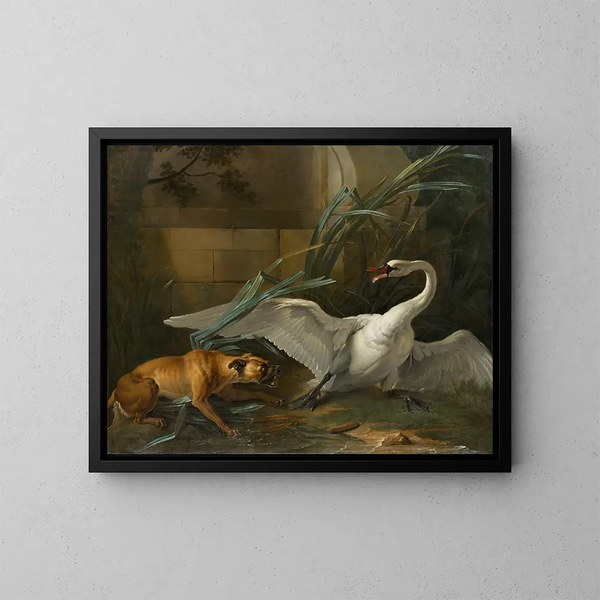 van een Zwaan aangevallen door een hond - Jean-Baptiste Oudry — ingelijst kunstwerk aan de muur