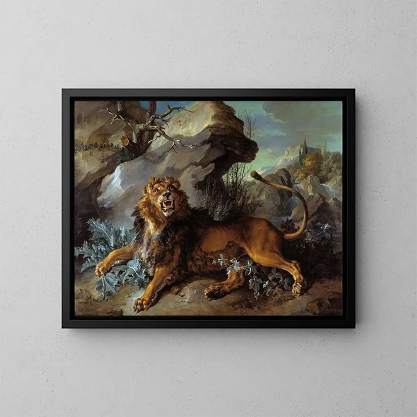 De Leeuw en de Mug - Jean-Baptiste Oudry — ingelijst kunstwerk aan de muur