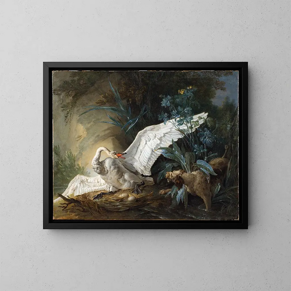 Een verrassende waterhond die een zwaan op haar nest ontdekt - Jean-Baptiste Oudry — ingelijst kunstwerk aan de muur