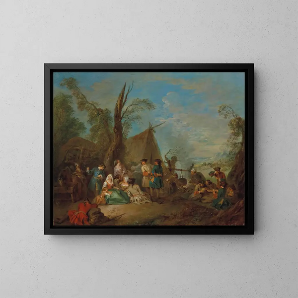 Soldaten en vivandiers die koken en rusten rond een kampvuur, een wagen en een tent op de achtergrond - Jean-Baptiste Pater — ingelijst kunstwerk aan de muur