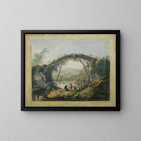 Een paar rivierlandschappen met figuren die naar een brug lopen - Jean-Baptiste Pillement | Reproduction — ingelijst kunstwerk aan de muur