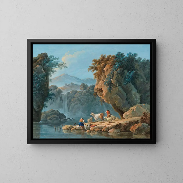 van een paar herders in een bergachtig landschap - Jean-Baptiste Pillement — ingelijst kunstwerk aan de muur