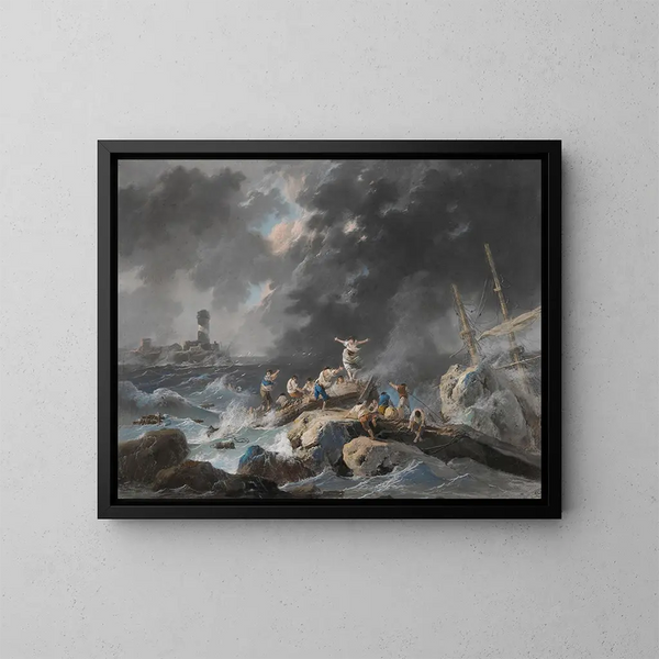 van een schipbreuk op een kust tijdens een storm met een vuurtoren op de achtergrond - Jean-Baptiste Pillement — ingelijst kunstwerk aan de muur