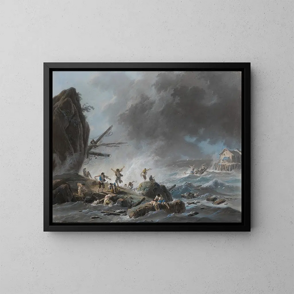 Een schipbreuk op een rotsachtige kust tijdens een storm - Jean-Baptiste Pillement — ingelijst kunstwerk aan de muur