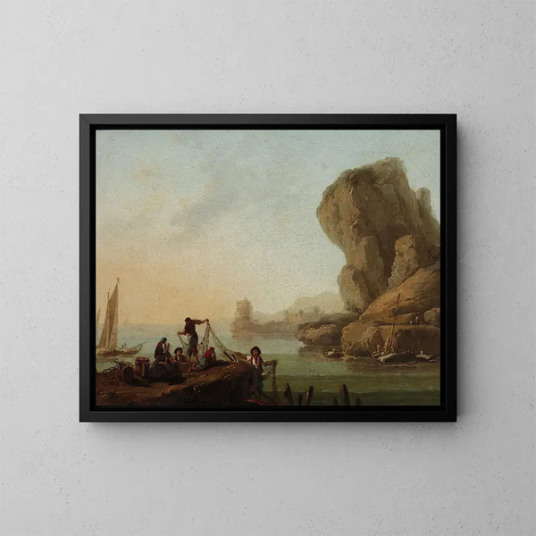 van vissers die netten uitwerpen aan de rand van de zee - Jean-Baptiste Pillement — ingelijst kunstwerk aan de muur