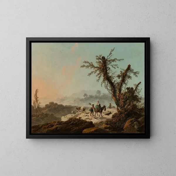 van herders met geiten in een rotsachtig landschap - Jean-Baptiste Pillement — ingelijst kunstwerk aan de muur