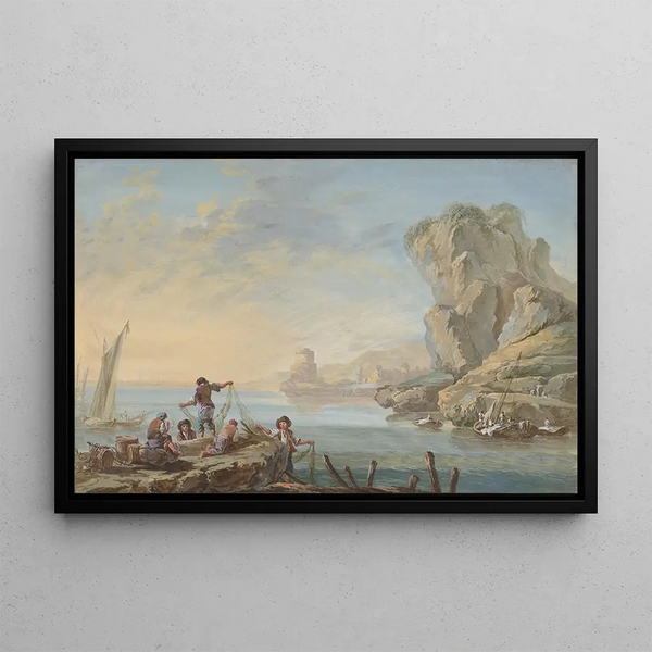 JeanBaptiste Pillement - Meeresbucht mit groen Felsen rechts und Fischern.webp