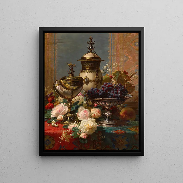 JeanBaptiste Robie - A Still Life With Roses Grapes And A Silver Inlaid Nautilus Shell.webp